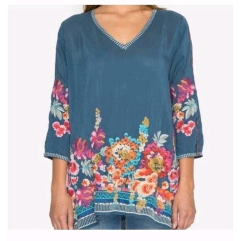 Johnny Was Large‎ Araxi Floral Embroidered Boho 3/4 Sleeve Tunic Top Women's XS - Picture 2 of 7